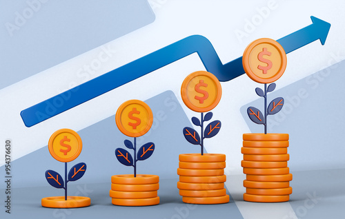 3d rendering illustration of investment with stacked coins rising arrow and money flower plant. Can be used for banking, financial sector, fintech apps, seminar banners, economic education