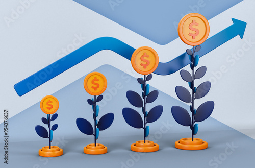 3d rendering illustration of investment and financial management. Can be used for banking, financial sector, fintech apps, seminar banners, financial and economic education