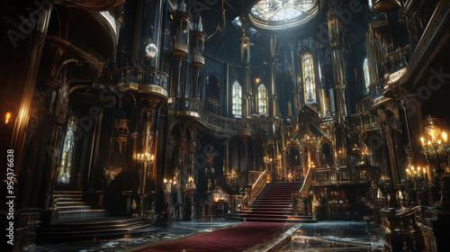 A surreal and photorealistic depiction of the interior of a Victorian Gothic mansion temple, multilevel with 