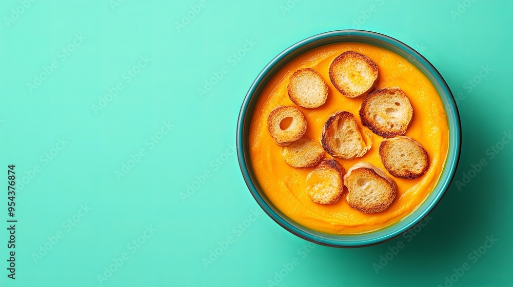 Top view of a bowl of pumpkin soup with croutons on a turquoise background. Top view of a bowl of pumpkin soup with croutons on a turquoise background.