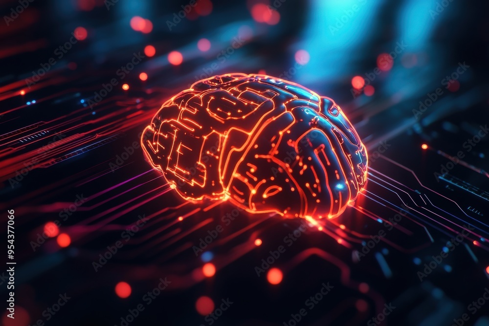 Futuristic digital brain design with glowing circuits and vibrant colors, representing artificial intelligence and technology.