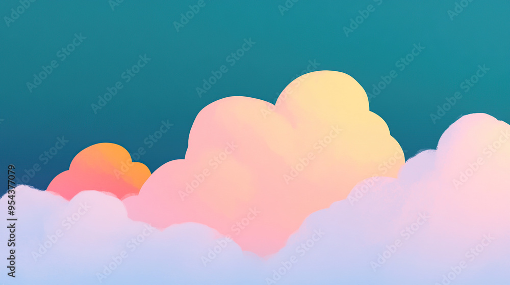 Abstract illustration of a blue sky with puffy clouds in various shades of pink, orange, and yellow. Abstract illustration of a blue sky with puffy clouds in various shades of pink, orange, and yellow.