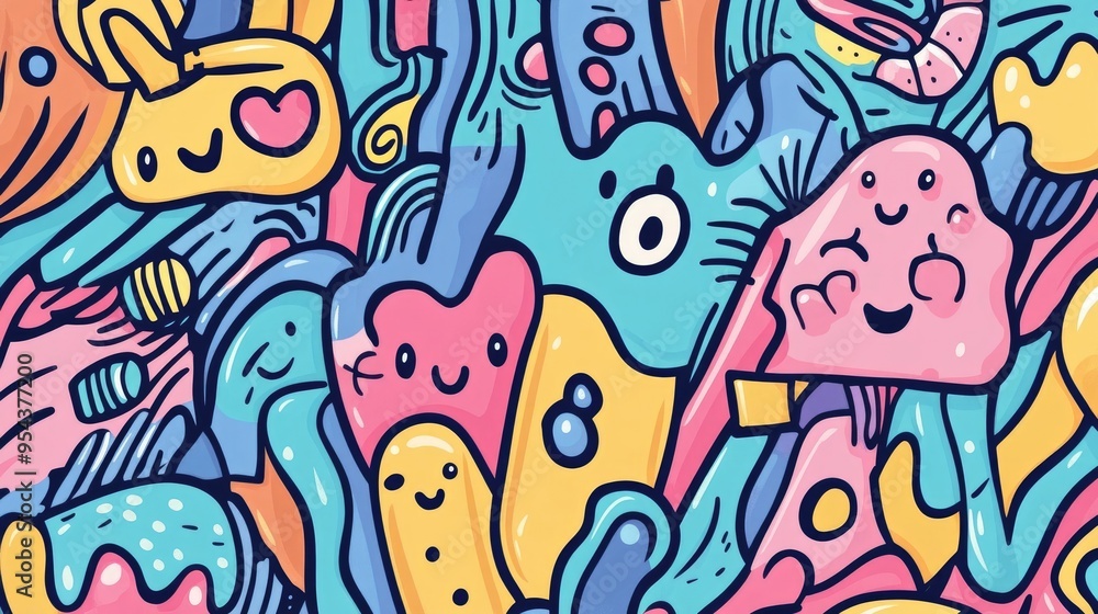 Cute Kawaii Style Doodle Design for Kids with Bold Lines and Soft Pastel Colors Cute Kawaii Style Doodle Design for Kids with Bold Lines and Soft Pastel Colors