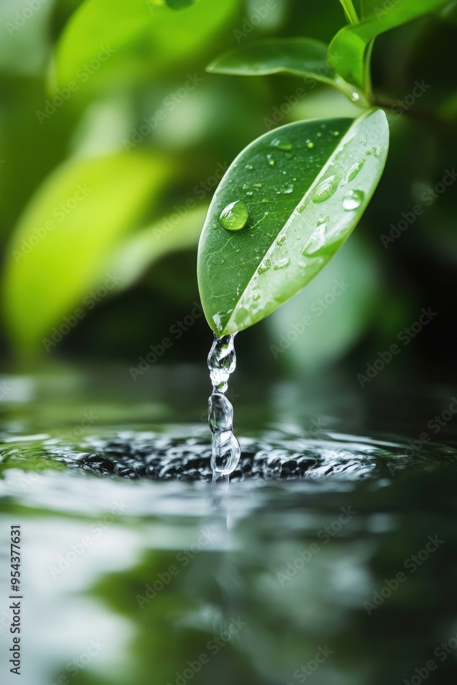 A close-up of a green leaf with water droplets, gently dripping into a serene body of water, capturing nature's beauty and tranquility. A close-up of a green leaf with water droplets, gently dripping into a serene body of water, capturing nature's beauty and tranquility.
