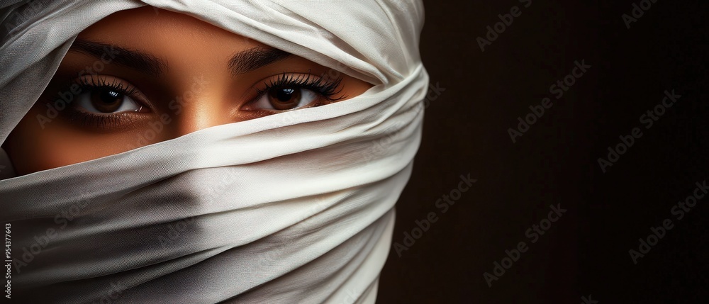 A close-up of captivating eyes partially obscured by a white veil, symbolizing mystery and cultural beauty. A close-up of captivating eyes partially obscured by a white veil, symbolizing mystery and cultural beauty.