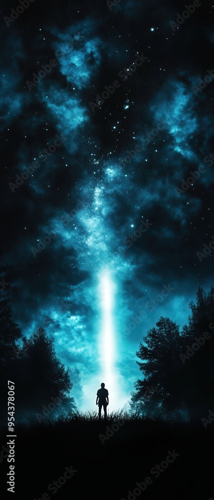 A lone figure stands beneath a starry sky, illuminated by a bright beam of light, evoking mystery and wonder in a serene landscape. A lone figure stands beneath a starry sky, illuminated by a bright beam of light, evoking mystery and wonder in a serene landscape.