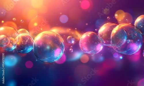 Shiny, iridescent bubbles against a blurred colorful background