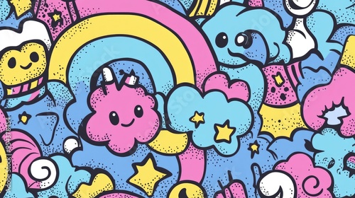 Cute Kawaii Style Doodle Design for Kids with Bold Lines and Soft Pastel Colors