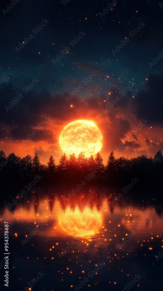 A stunning sunset over a serene lake, with vibrant colors reflecting on the water and silhouetted trees in the background. A stunning sunset over a serene lake, with vibrant colors reflecting on the water and silhouetted trees in the background.