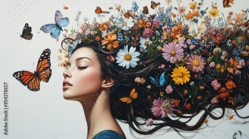 A woman with hair that turns into an array of wildflowers and butterflies, capturing photo