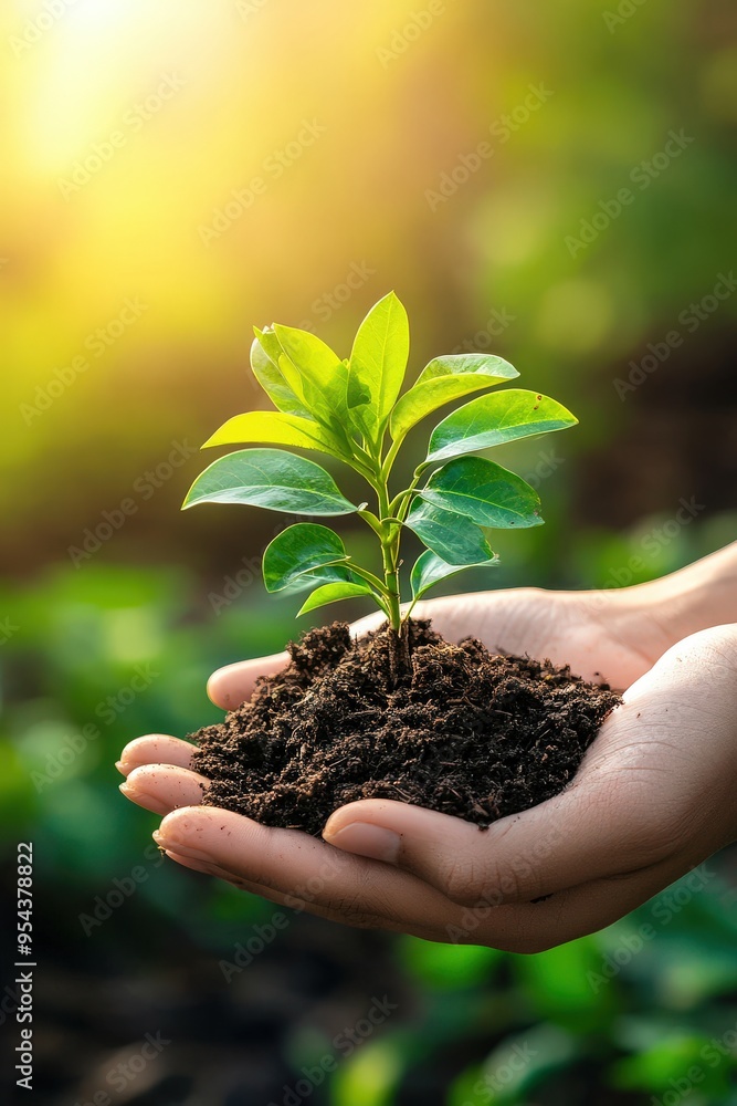 A vibrant green seedling held gently in a hand, symbolizing growth and sustainability in a sunlit environment. A vibrant green seedling held gently in a hand, symbolizing growth and sustainability in a sunlit environment.