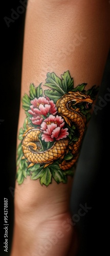 A vibrant tattoo featuring a serpent entwined with colorful flowers and lush greenery, showcasing artistry on skin.