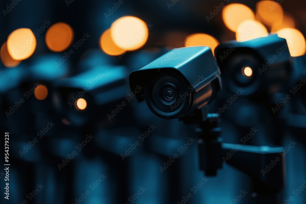 Close-up of a security camera amidst blurred background lights, representing surveillance and safety technology. Close-up of a security camera amidst blurred background lights, representing surveillance and safety technology.