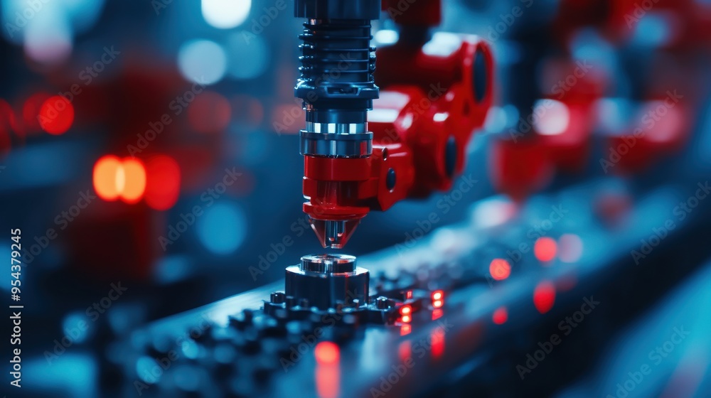 Close-up of a robotic arm applying precision to a component in a modern factory with glowing lights and advanced technology. Close-up of a robotic arm applying precision to a component in a modern factory with glowing lights and advanced technology.