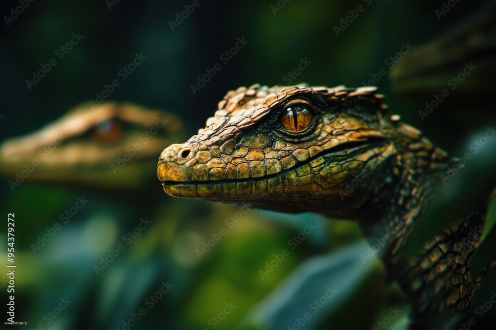Close-up of a striking lizard face with vibrant colors, blending beautifully into its lush green habitat. Close-up of a striking lizard face with vibrant colors, blending beautifully into its lush green habitat.