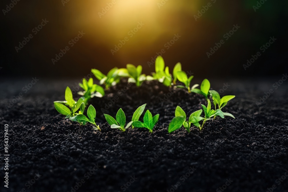 Fresh green seedlings emerging from dark soil, symbolizing new beginnings and growth in a vibrant, sunlit environment. Fresh green seedlings emerging from dark soil, symbolizing new beginnings and growth in a vibrant, sunlit environment.