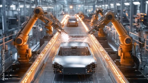 Two robots are working on a car in a factory