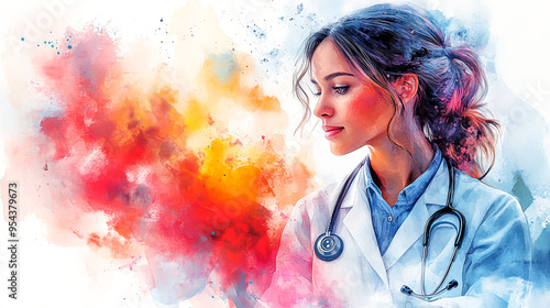 Empowering Women's Health: Vibrant Watercolor Illustration of Doctor Consulting with Woman on Proactive Medical Checkups and Care