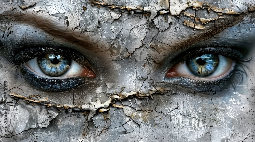 Eyes Wide Open, Surreal Photo of a Face Cracked Like Stone Texture Close-Up on Eyes and Forehead Eyes Wide Open, Surreal Photo of a Face Cracked Like Stone Texture Close-Up on Eyes and Forehead
