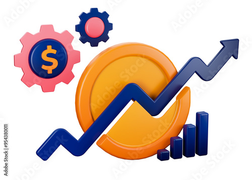 3d transparent render of split coin money and produce an upward graph on finance and investment. Can be used for banking, financial sector, fintech apps, banners, financial and economic education