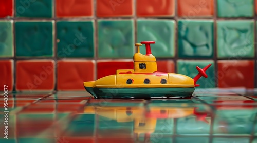 Toy submarine on a red and green tiled background photo