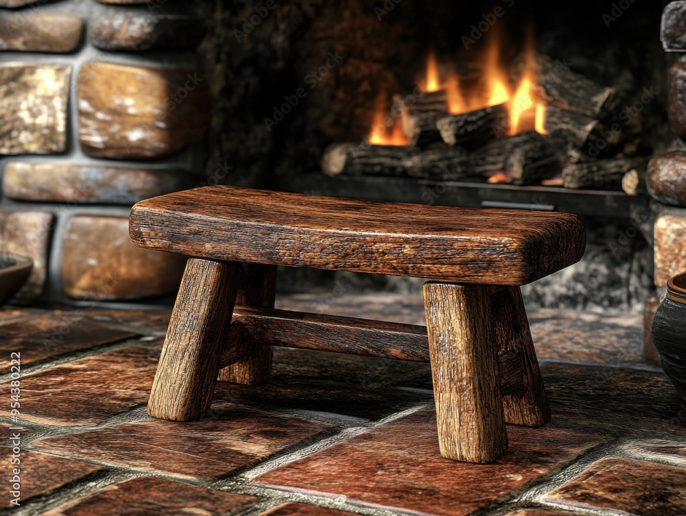Rustic Solid Wood Stool with Deep Grain, Sitting by a Cozy Fireplace, Perfect for Farmhouse, Cabin, or Cottage Decor, Handcrafted Wooden Seat for Living Room, Bedroom, or Entryway, Unique and Stylish