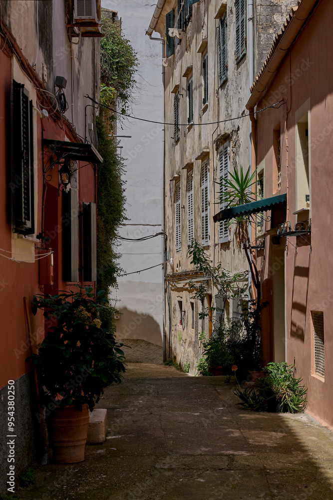 A typical street in Corfu Town on the island of Corfu, Greece A typical street in Corfu Town on the island of Corfu, Greece
