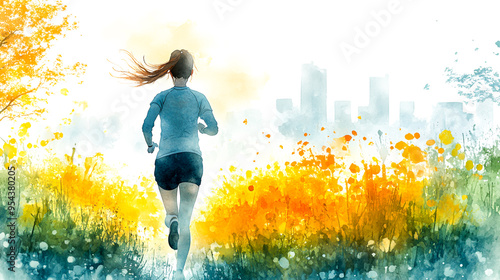 Joyful Jog: Watercolor Illustration of a Woman Celebrating Fitness and Wellbeing in a Park
