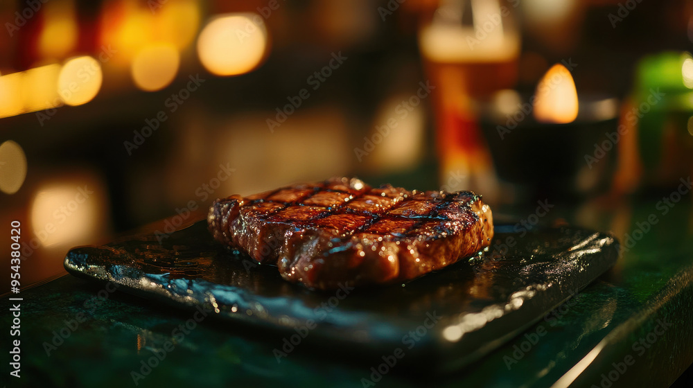 Artistic shot of grilled steak on a dark green bar counter in a stylish Asian setting. Artistic shot of grilled steak on a dark green bar counter in a stylish Asian setting.