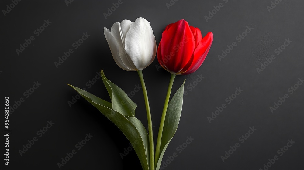 Naklejka premium A Single White Tulip and a Single Red Tulip on a Black Background