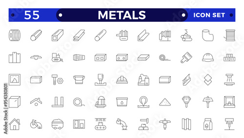 Metals icons set. Outline set of metallurgy vector icons for ui design. Steel products, thin line icon set. Outline icon collection.
