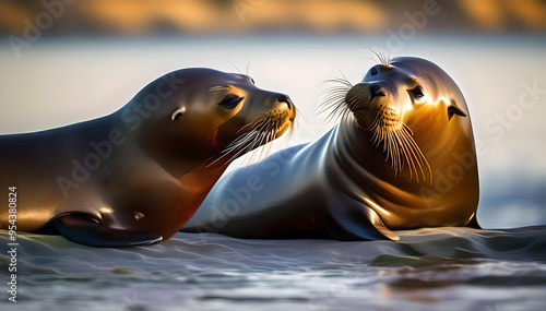 A pair of sea lions enjoy a serene moment on a sunlit beach, their peaceful bond mirrored by the rhythmic waves and untouched beauty of their coastal sanctuary
