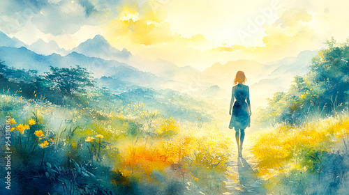 Serene Watercolor Painting of a Woman Embracing Self-Care and Mental Well-Being Through Nature Walk