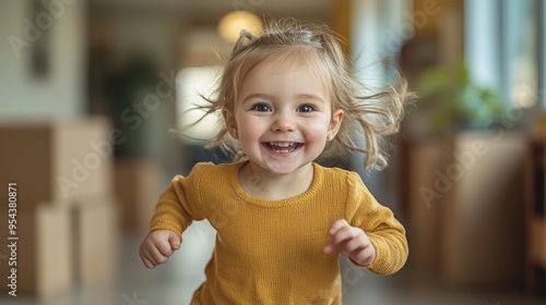 Cute Little Girl Running in a New Apartment with Cardboard Boxes in the Background, Copy Space for Text, Stock Photo Contest Winner, High-Resolution Photo