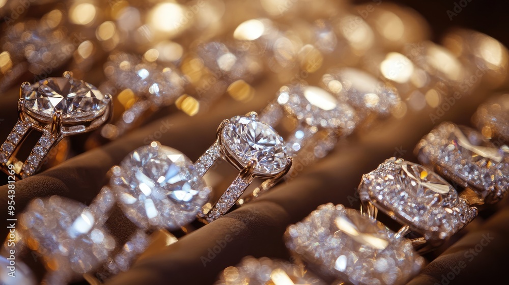 Close-Up Image of Shiny Diamond Jewelry in a High-End Jewelry Store Display Close-Up Image of Shiny Diamond Jewelry in a High-End Jewelry Store Display