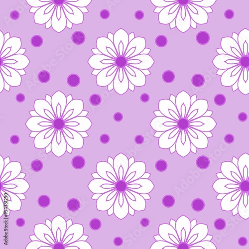 seamless pattern with white flowers and small purple dots on purple background