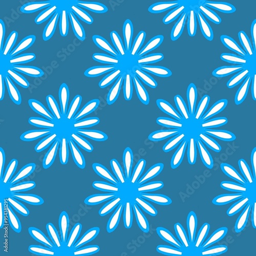 seamless pattern with blue line flowers on the dark blue background