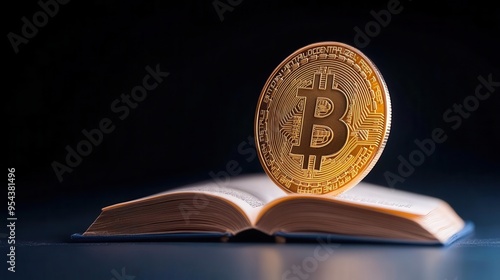 A golden bitcoin resting on an open book symbolizes cryptocurrency knowledge and digital finance education. photo