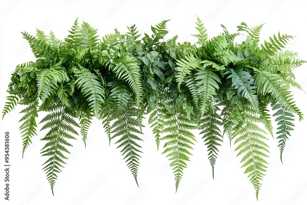 Naklejka premium Lush green ferns cascading down in a horizontal line, isolated on a white background.