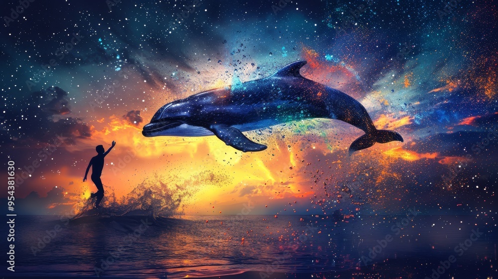 Fototapeta premium Silhouette of a Man Reaching Out to a Cosmic Dolphin Leaping from the Water at Sunset