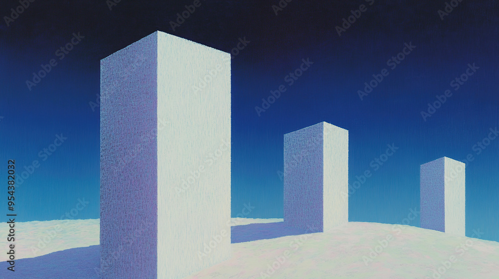 Three white pillars against a blue sky with the ground covered in white sand. Three white pillars against a blue sky with the ground covered in white sand.