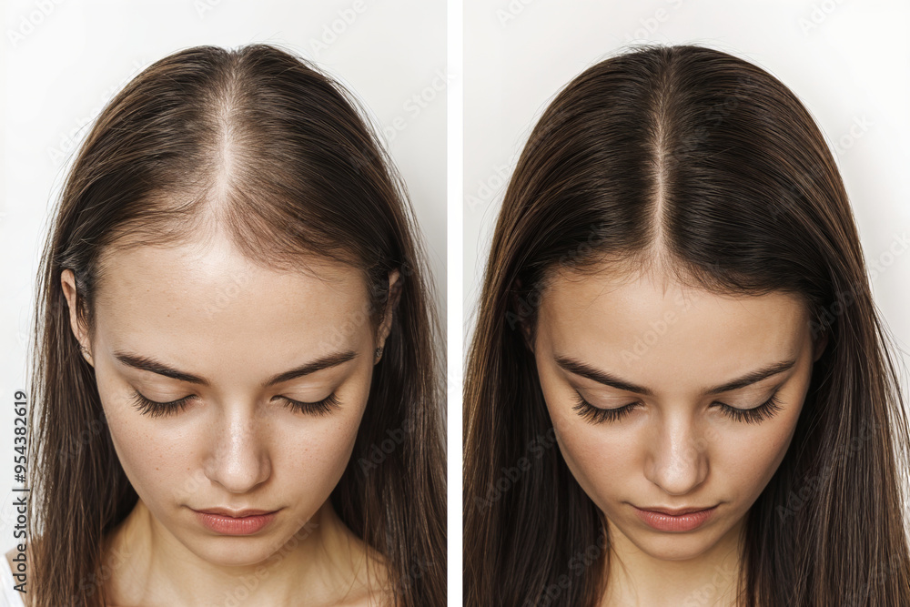 Before and after hair restoration in female patient. Illustration of transformation in hair density and scalp health post transplantation. Woman with hair loss problem. Hairloss treatment, collage. Before and after hair restoration in female patient. Illustration of transformation in hair density and scalp health post transplantation. Woman with hair loss problem. Hairloss treatment, collage.