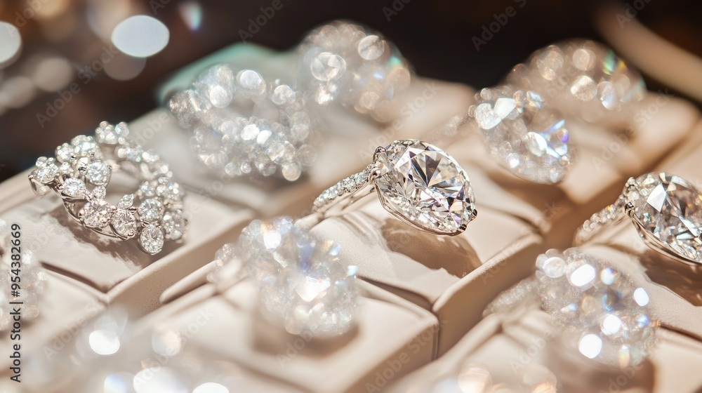 Close-Up Image of Shiny Diamond Jewelry in a High-End Jewelry Store Display Close-Up Image of Shiny Diamond Jewelry in a High-End Jewelry Store Display