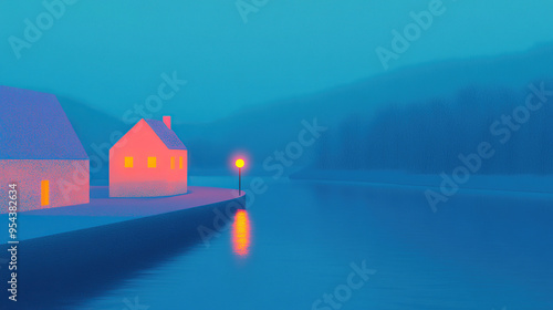 Two houses with lit windows stand on a snowy riverbank at dusk with a single streetlight illuminating the scene.