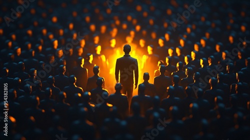 A standout individual illuminated among a crowd, symbolizing self-promotion and personal branding.
