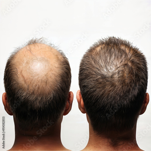 Collage two photos of man with hair loss problem before and after treatment. Anti hair loss procedures and hair transplant on a gray background. Trichologist in dermatology clinic. For clinic