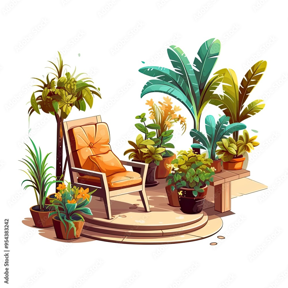 Fototapeta premium A comfortable orange armchair sits on a patio surrounded by lush green plants and flowers.