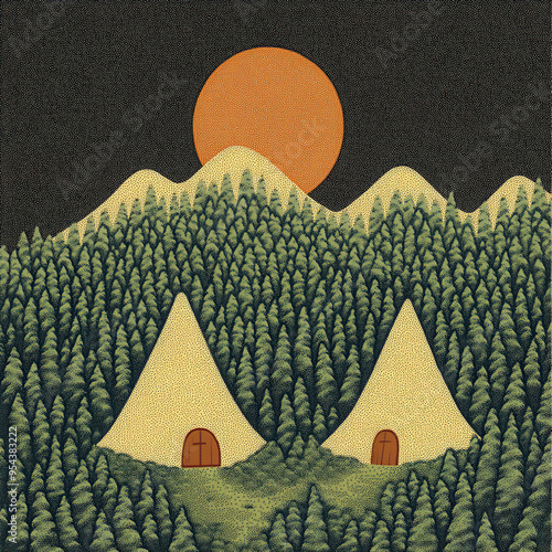 Two teepees nestled in a forest with a large orange moon behind a mountain range.