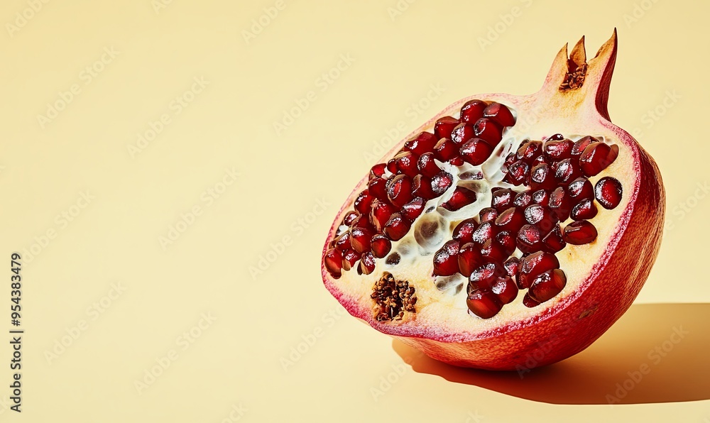 A juicy red pomegranate half with seeds exposed, resting on a pale yellow background. A juicy red pomegranate half with seeds exposed, resting on a pale yellow background.