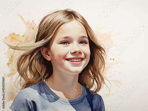 Watercolor portrait of  blonde school girl with long hair, happily smiling. Concept of youth and life enjoyment